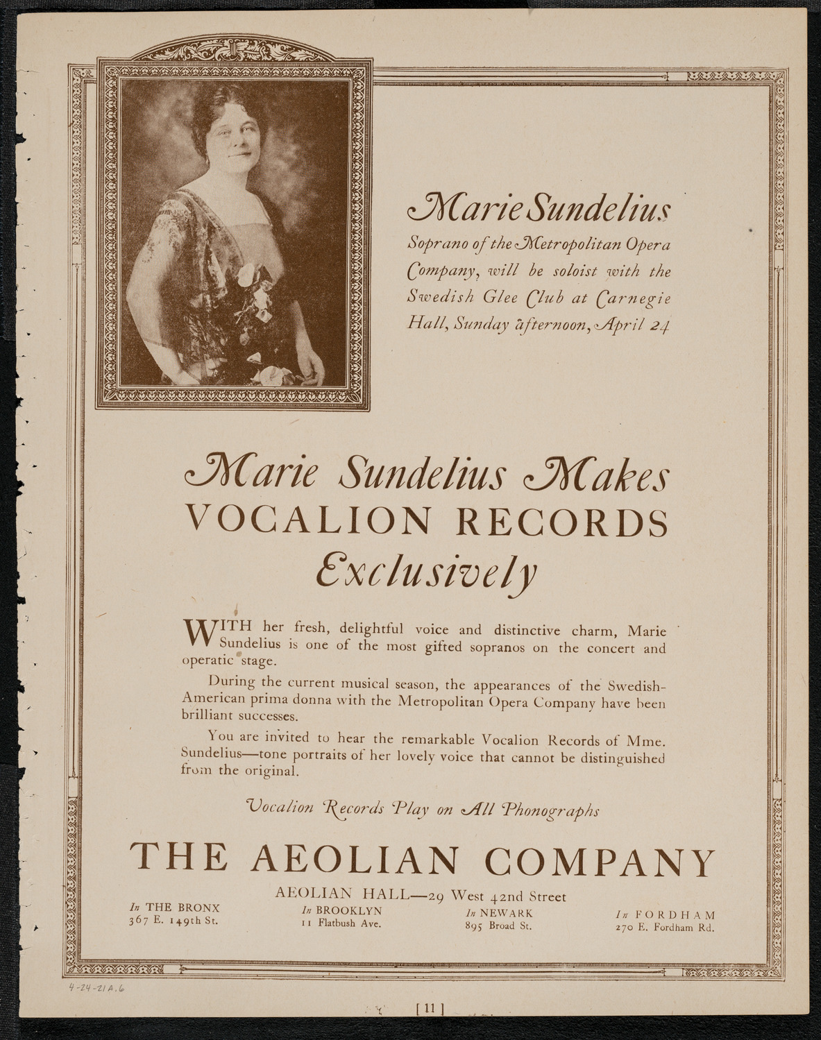 Swedish Glee Club of Brooklyn, April 24, 1921, program page 11