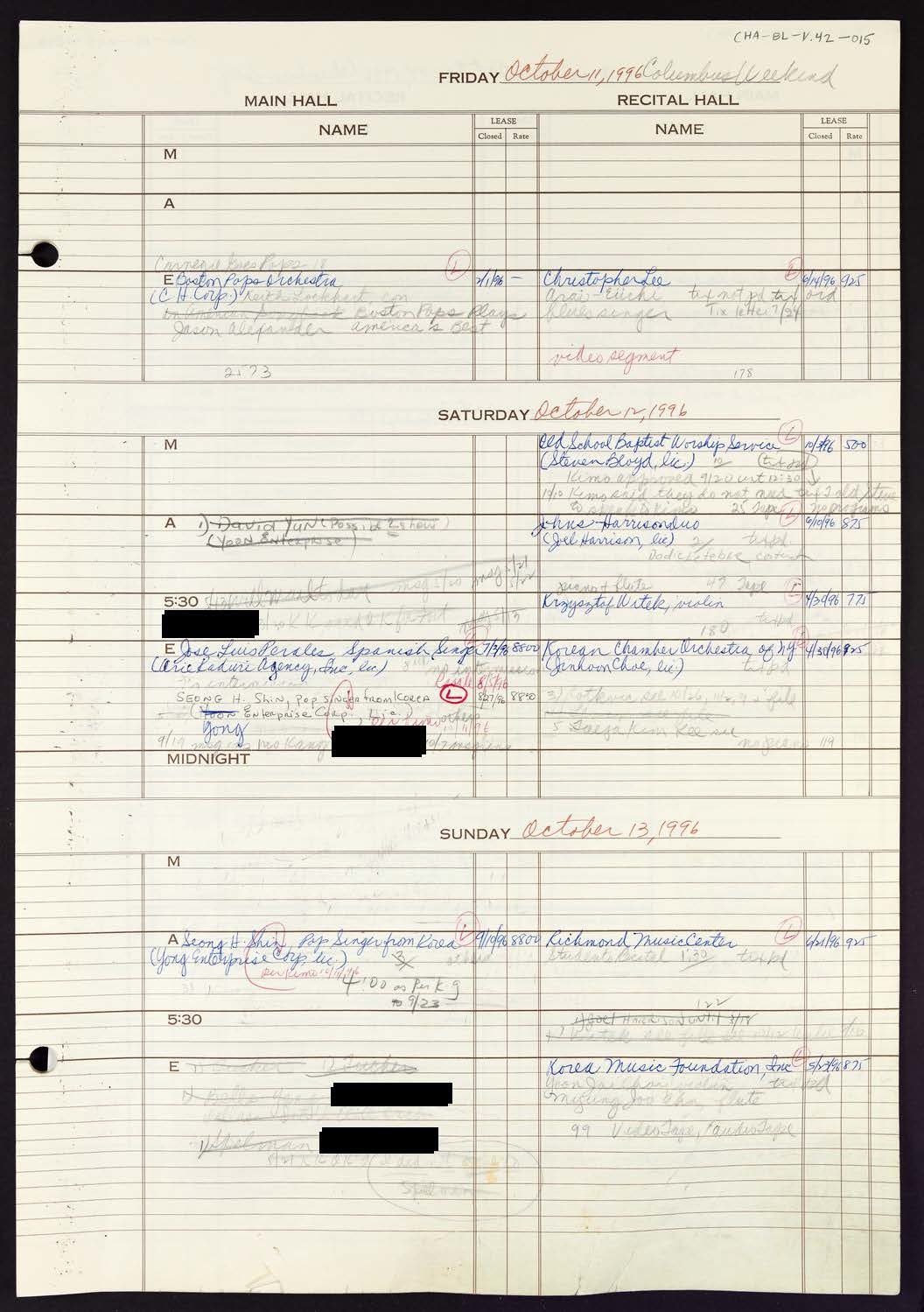 Carnegie Hall Booking Ledger, volume 42, page 15