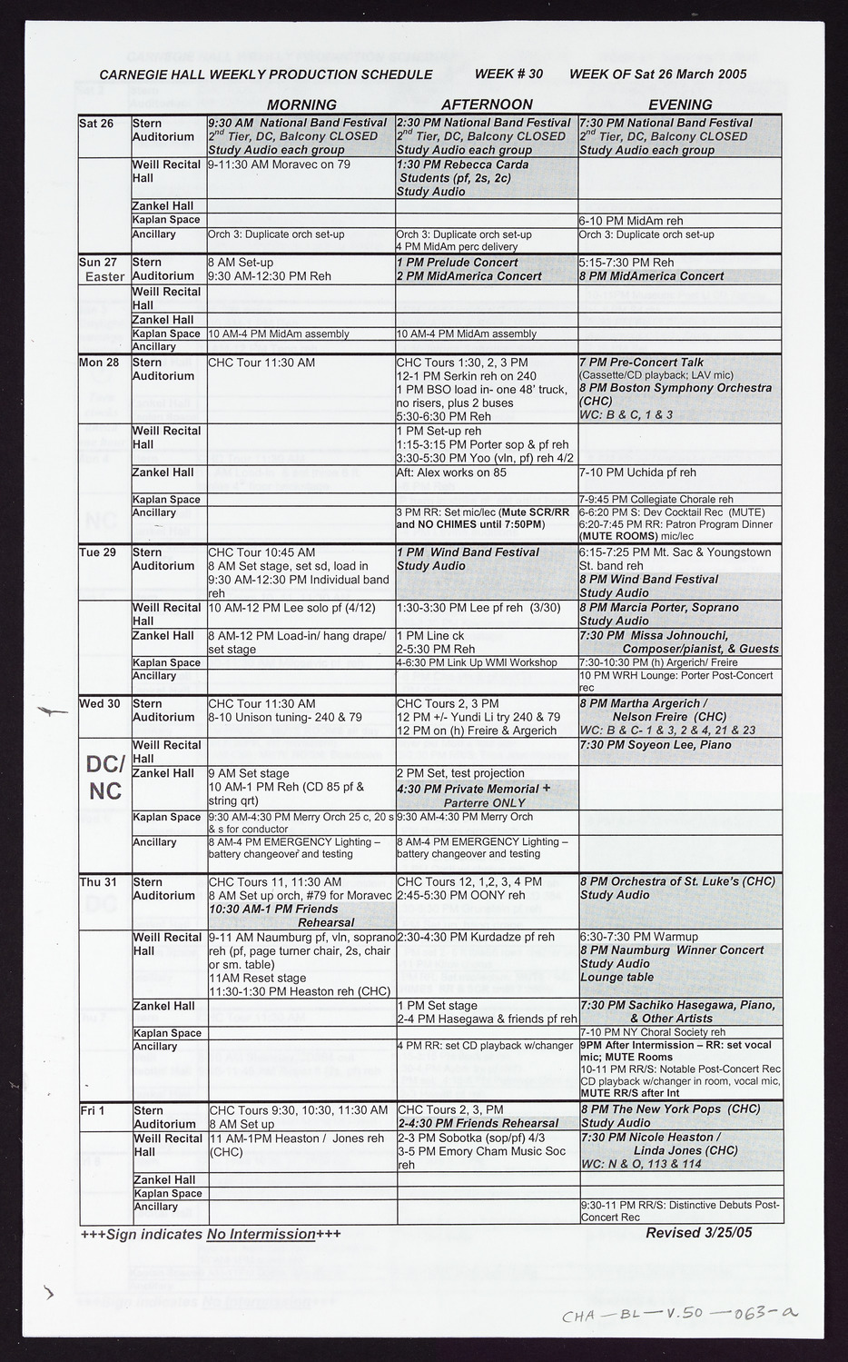 Carnegie Hall Booking Ledger, volume 50, page 63a