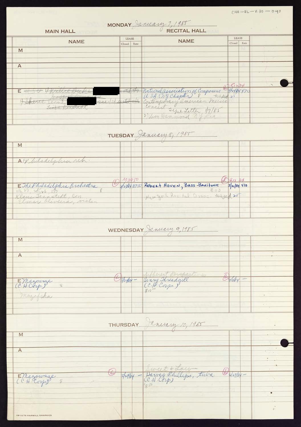 Carnegie Hall Booking Ledger, volume 30, page 40