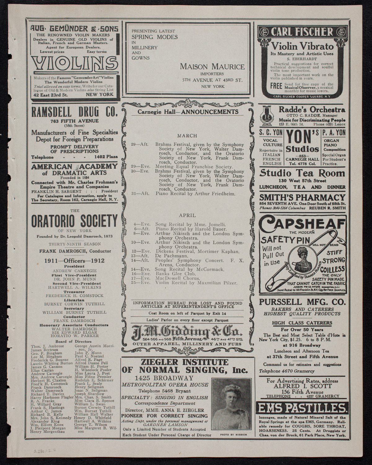 Royal Athenian String Orchestra, March 28, 1912, program page 3