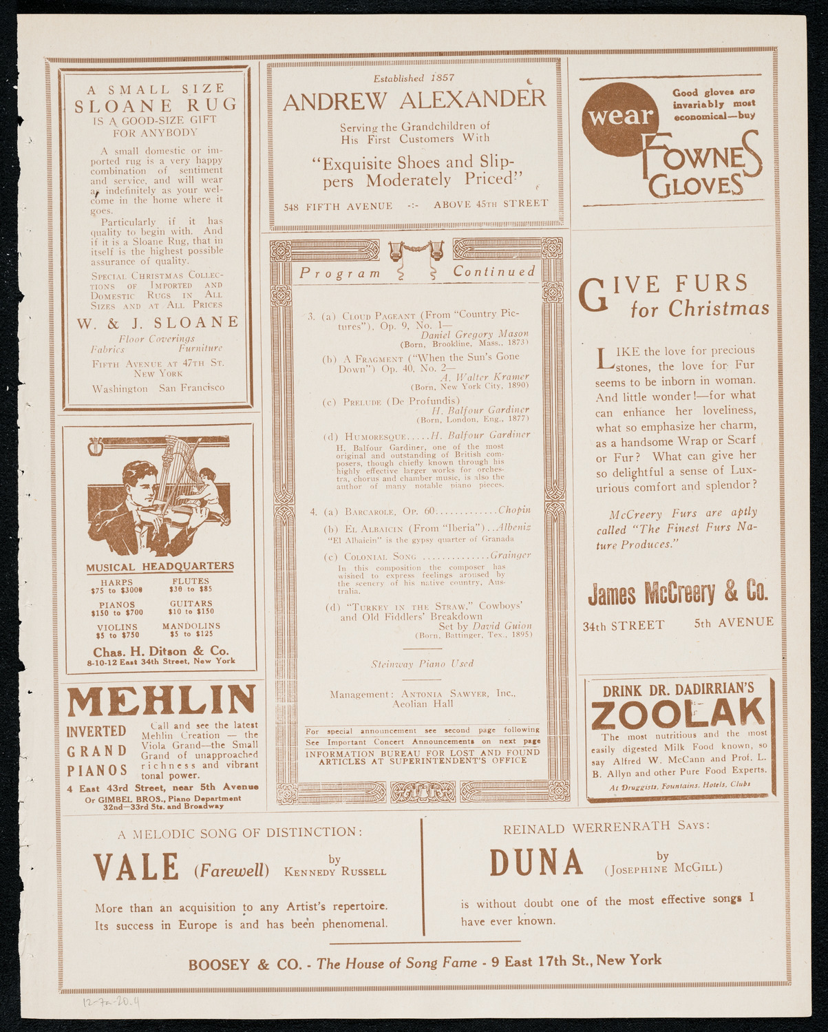 Percy Grainger, Piano, December 7, 1920, program page 7