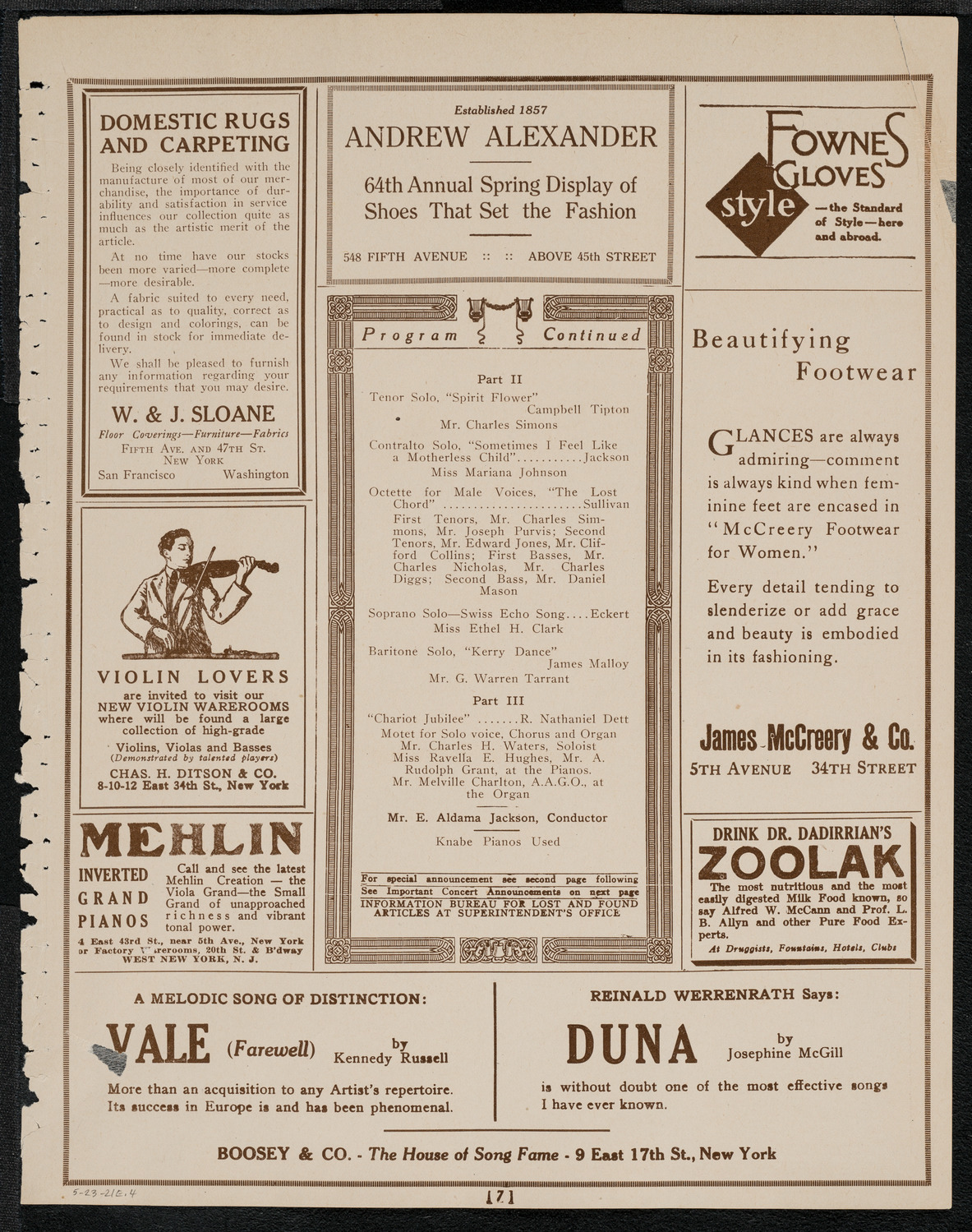 St. Mark's Methodist Episcopal Choir, May 23, 1921, program page 7