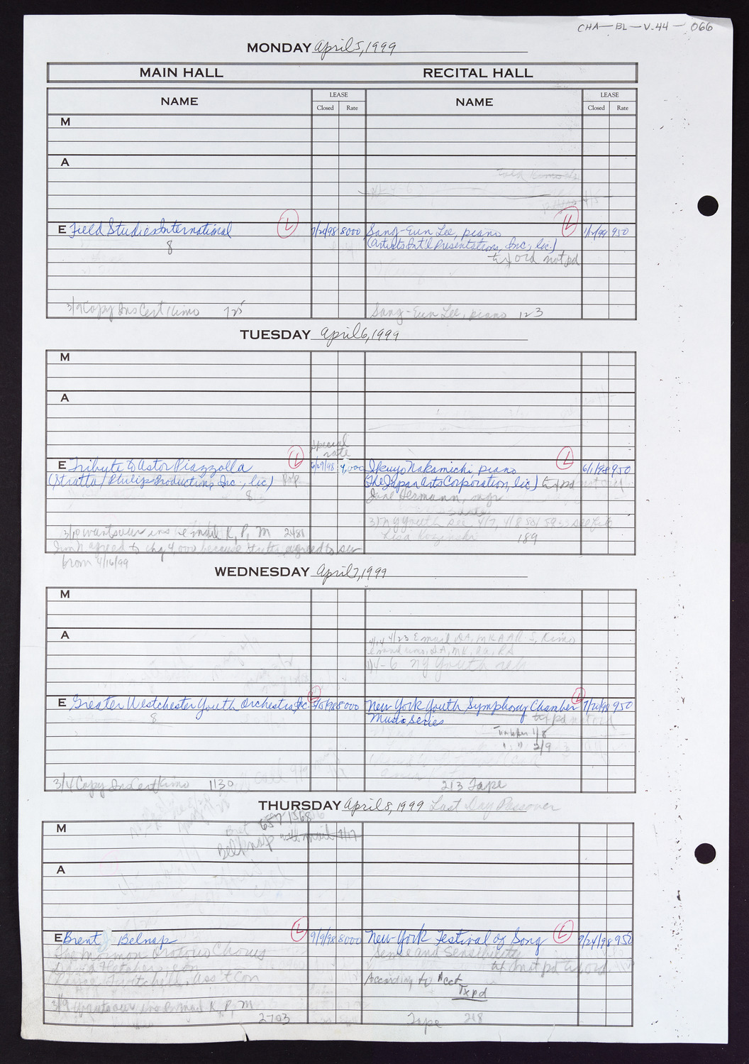 Carnegie Hall Booking Ledger, volume 44, page 66