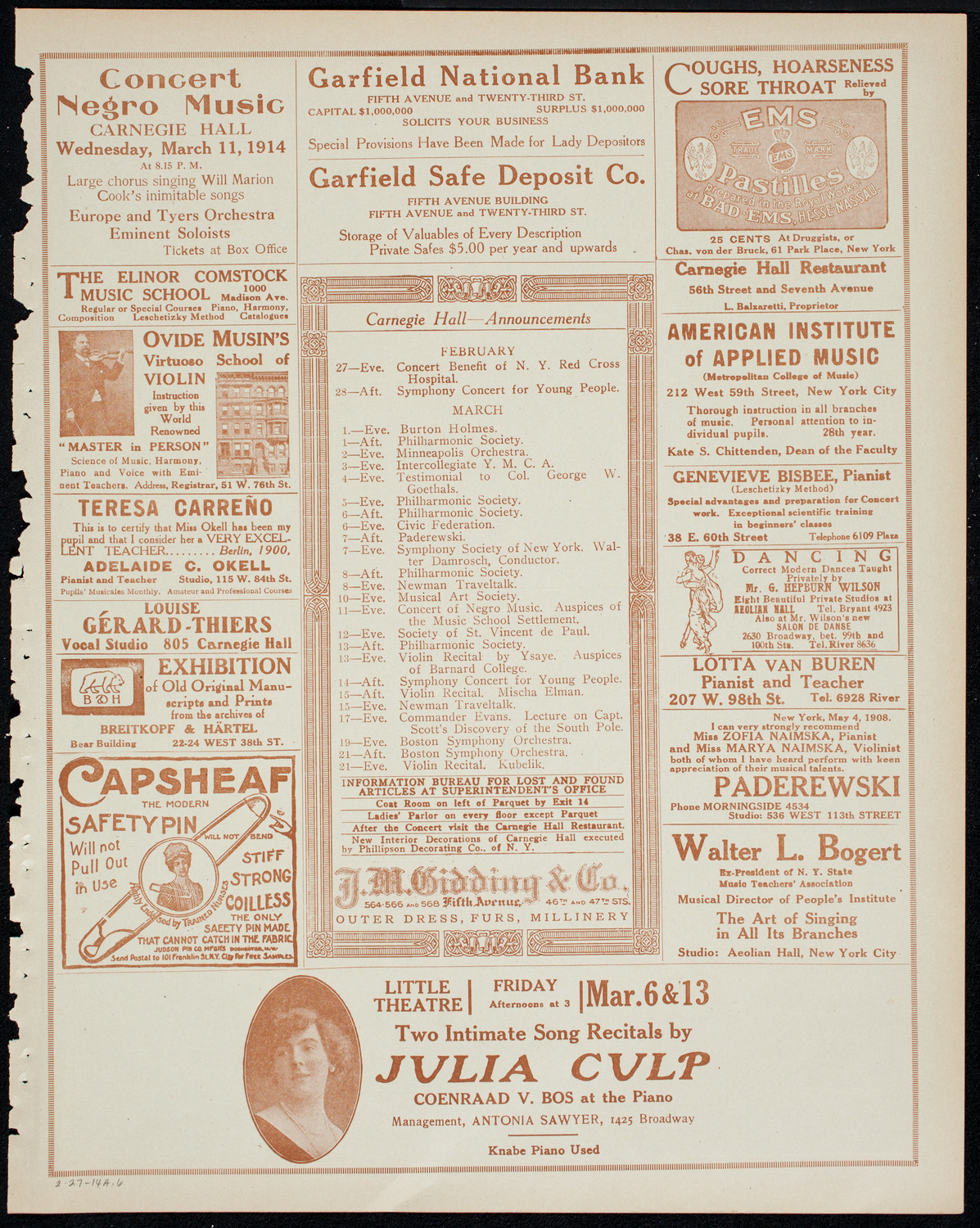 New York Philharmonic, February 27, 1914, program page 3