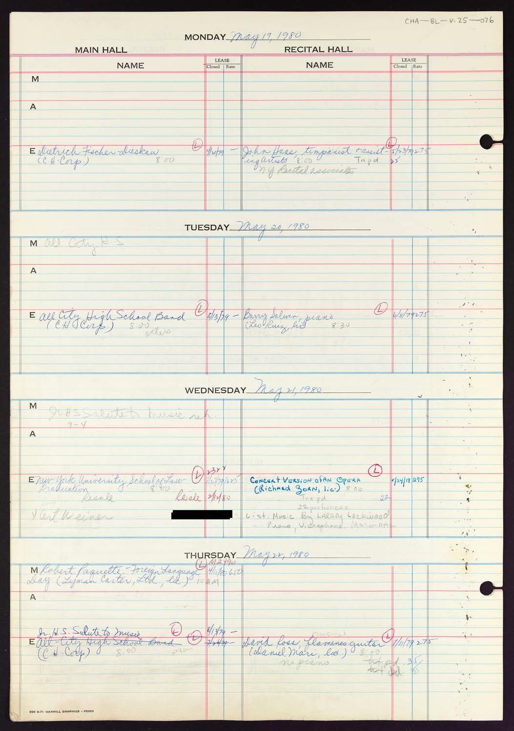 Carnegie Hall Booking Ledger, volume 25, page 76