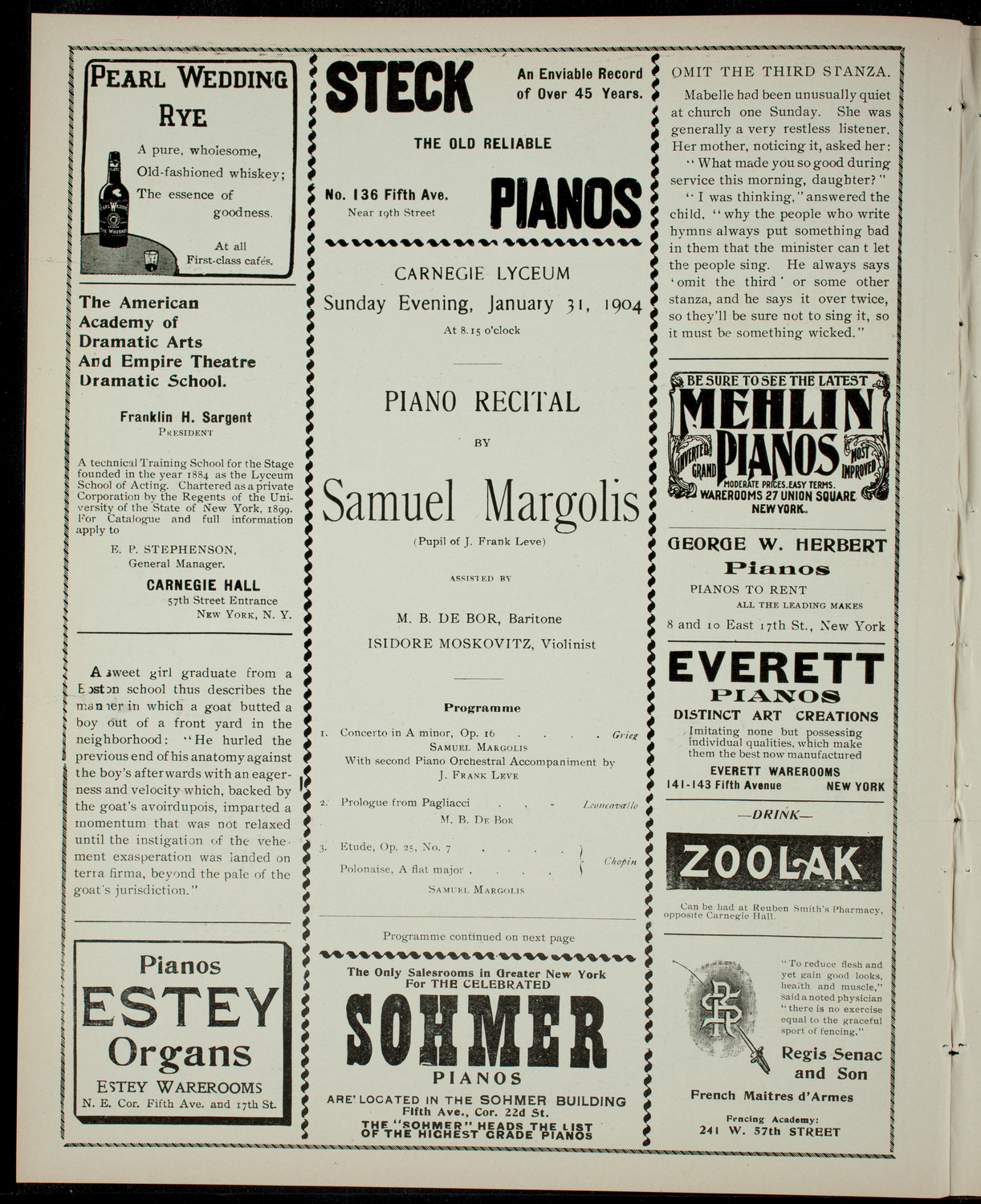 Samuel Margolis with others, January 31, 1904, program page 2