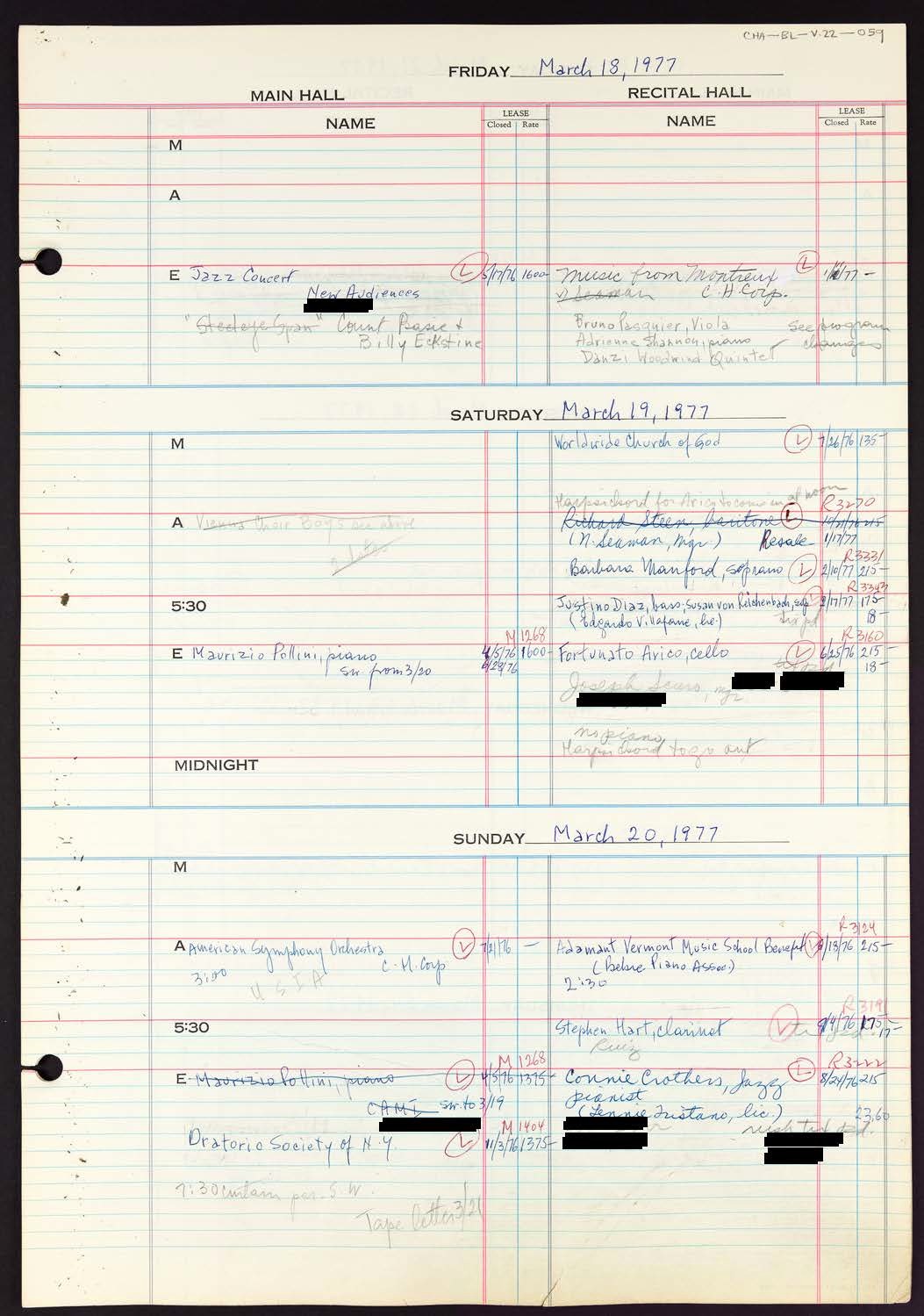 Carnegie Hall Booking Ledger, volume 22, page 59