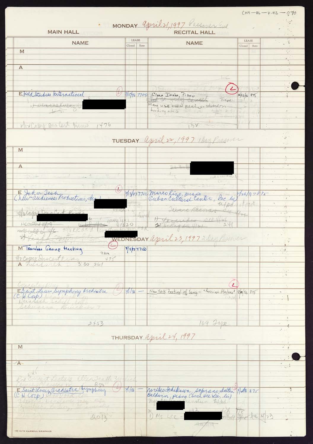 Carnegie Hall Booking Ledger, volume 42, page 70