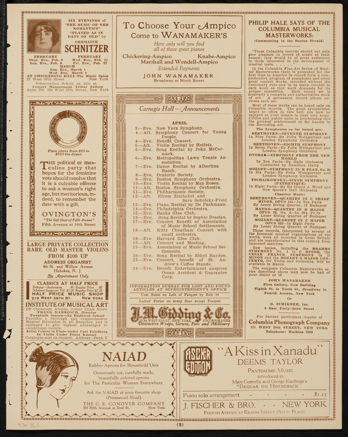 New York Philharmonic, April 3, 1925, program page 3