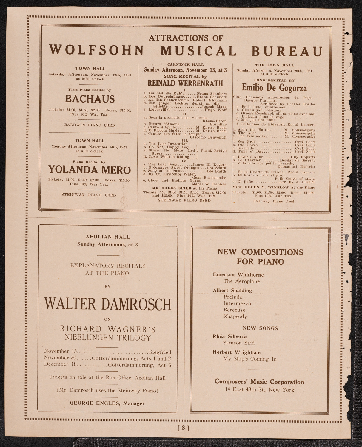 Sophie Braslau, Contralto, November 6, 1921, program page 8