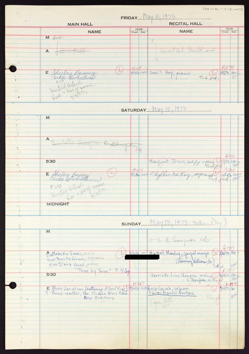 Carnegie Hall Booking Ledger, volume 18, page 73