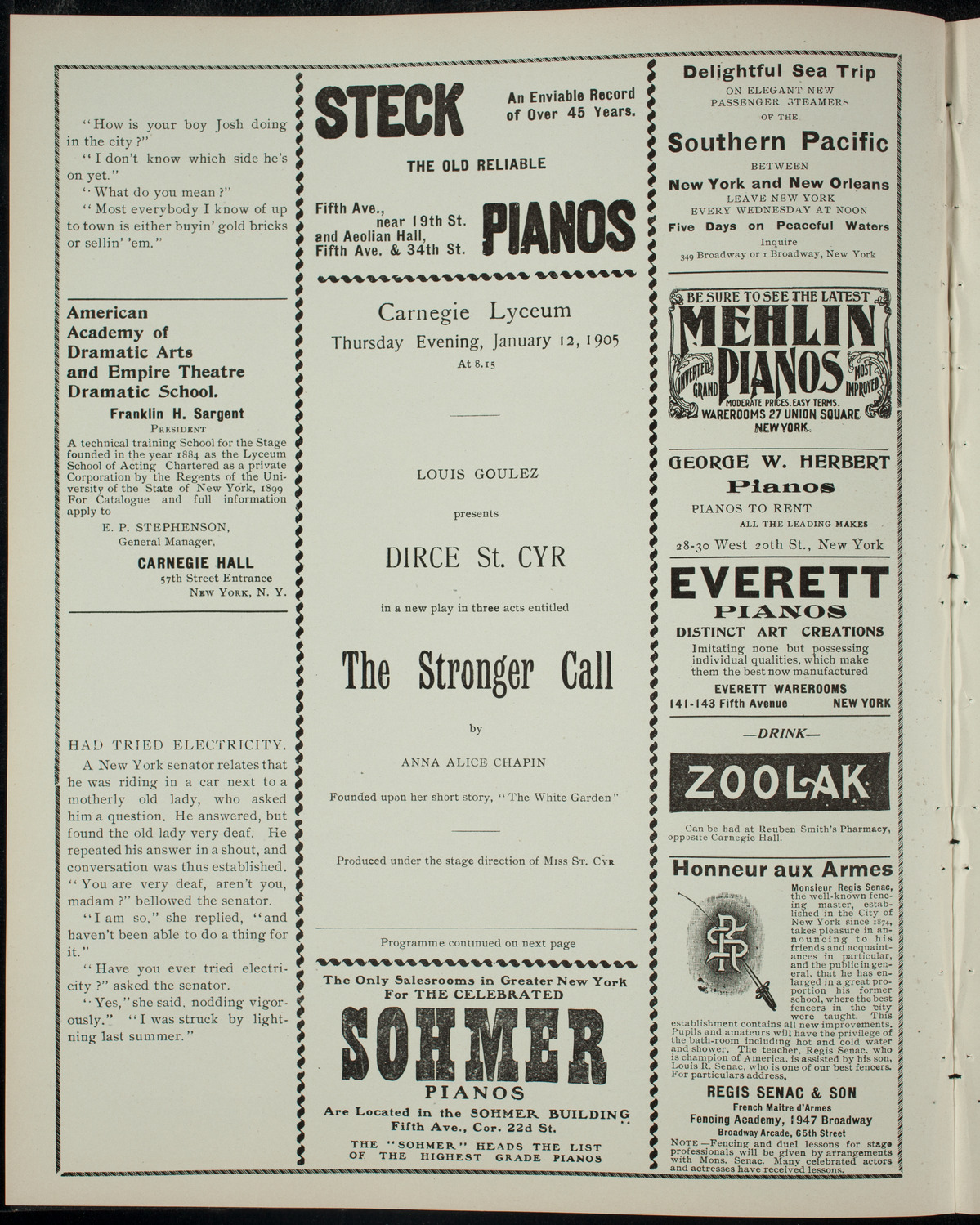 Dirce St. Cyr in "The Stronger Call", January 12, 1905, program page 2