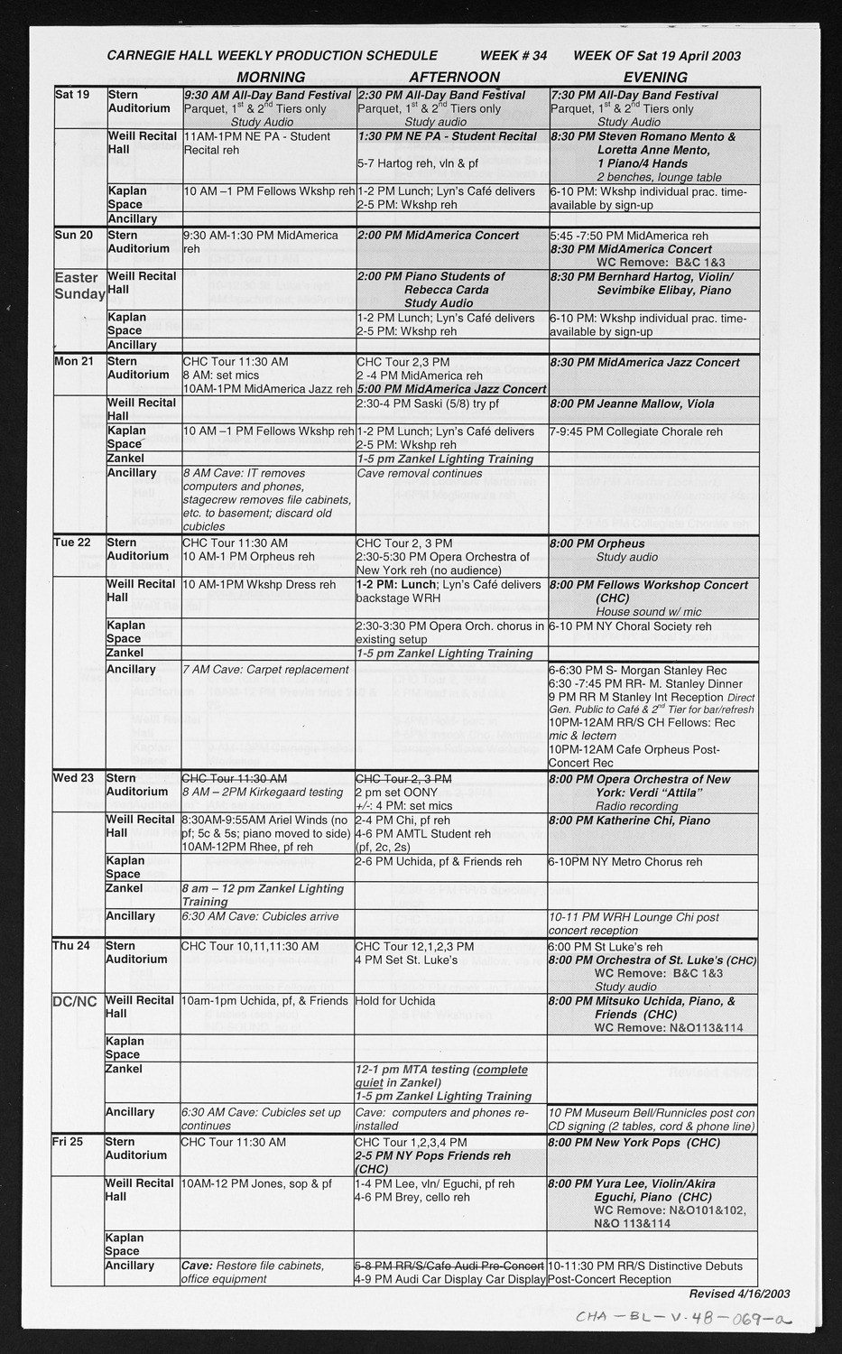 Carnegie Hall Booking Ledger, volume 48, page 69a