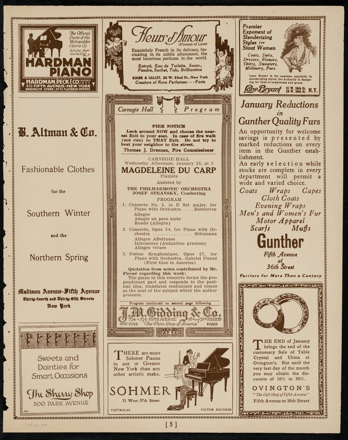 Magdeleine du Carp with the New York Philharmonic, January 25, 1922, program page 5