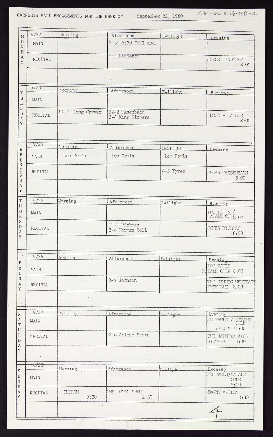 Carnegie Hall Booking Ledger, volume 26, page 8a