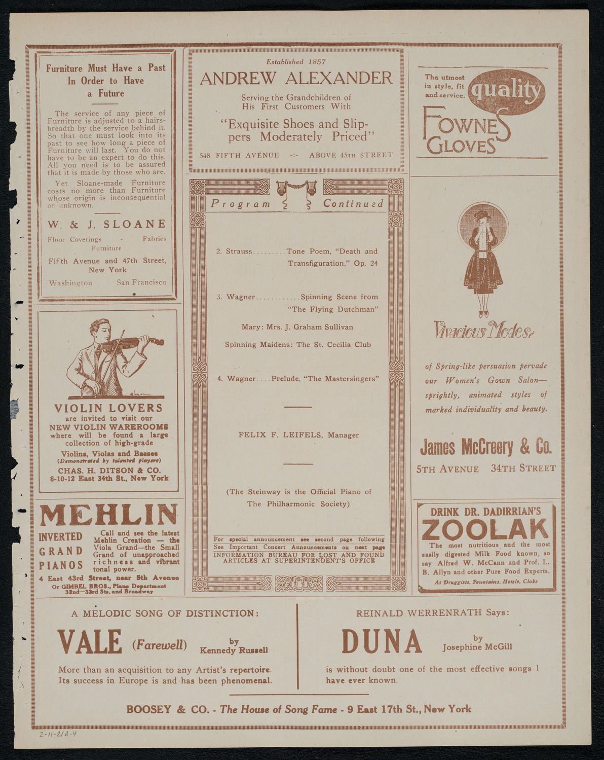 New York Philharmonic, February 11, 1921, program page 7