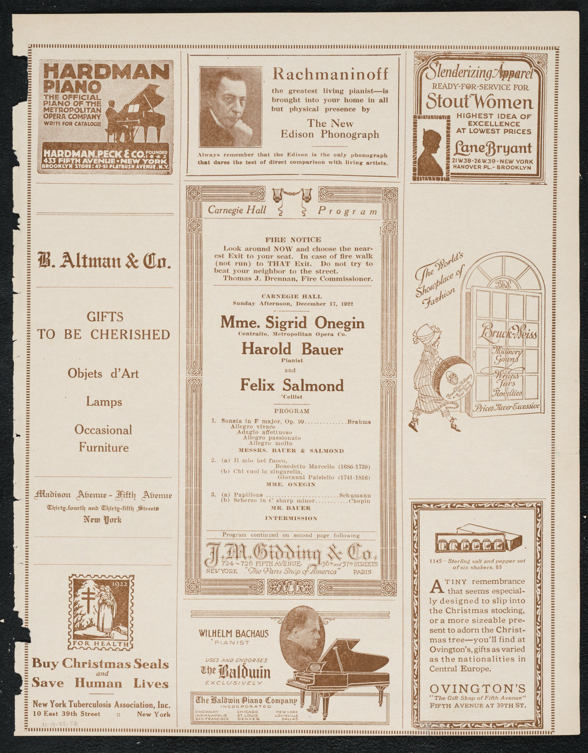 Sigrid Onégin, Contralto, Harold Bauer, and Felix Salmond, December 17, 1922, program page 5