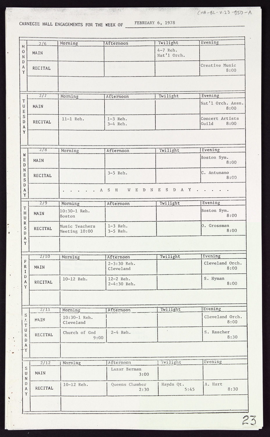 Carnegie Hall Booking Ledger, volume 23, page 50a