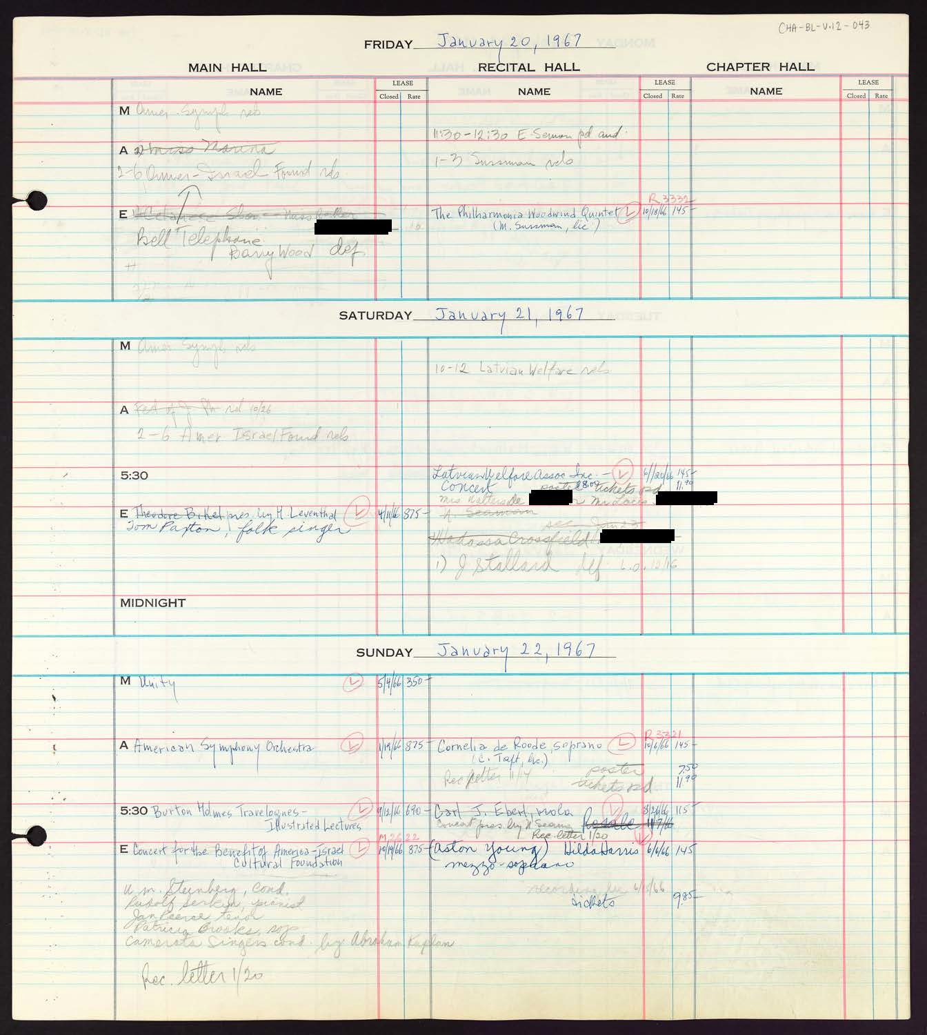 Carnegie Hall Booking Ledger, volume 12, page 43