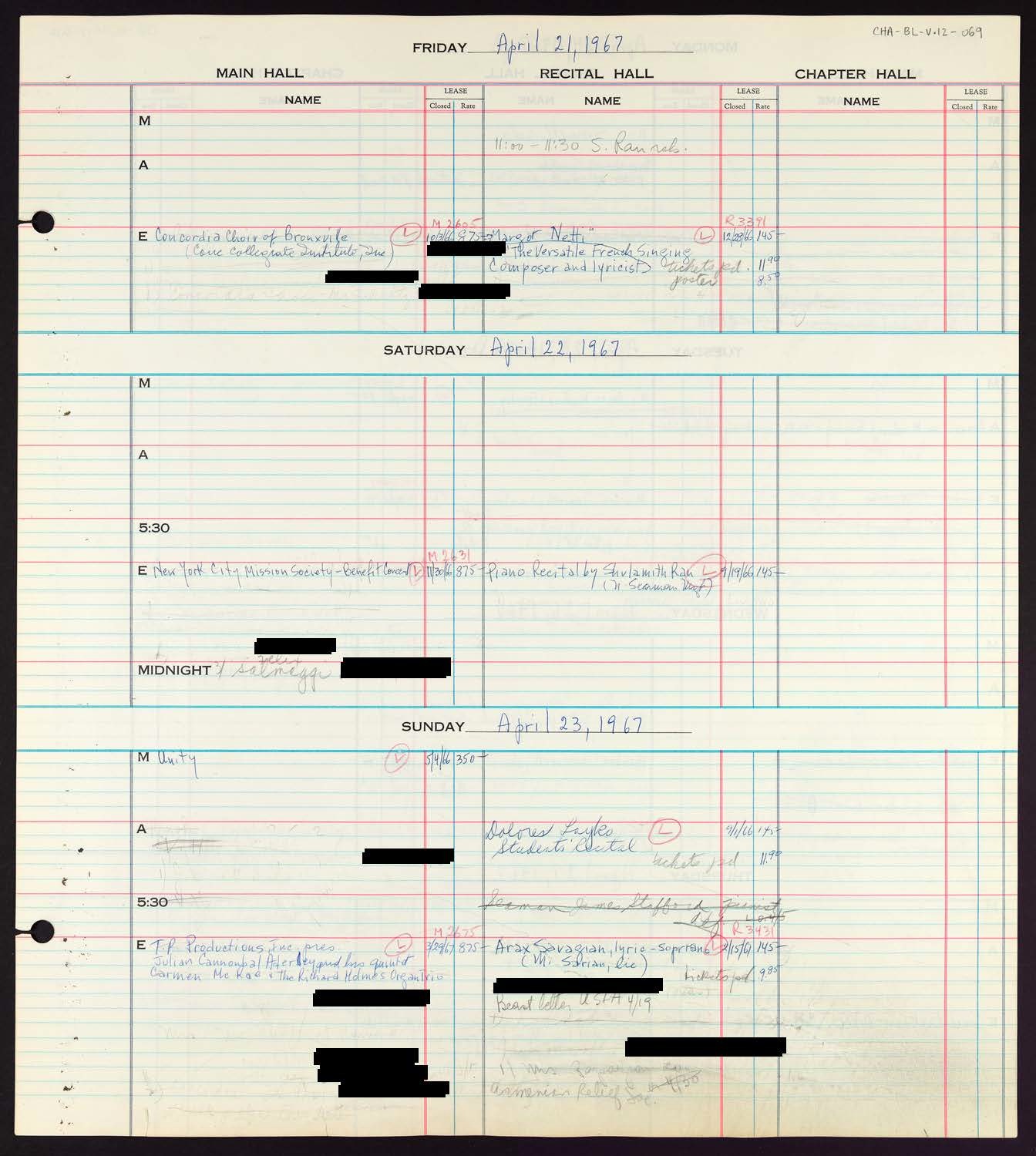 Carnegie Hall Booking Ledger, volume 12, page 69