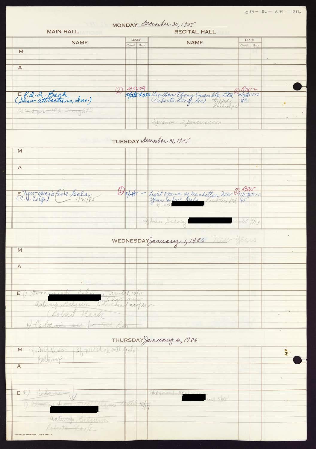 Carnegie Hall Booking Ledger, volume 31, page 36