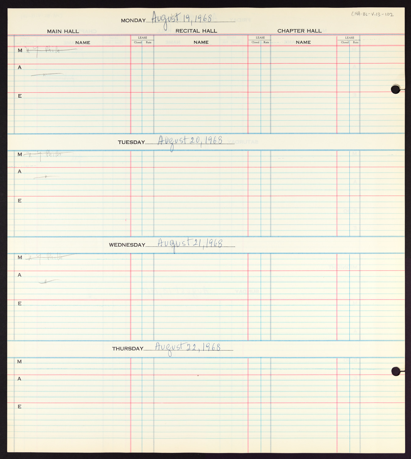 Carnegie Hall Booking Ledger, volume 13, page 102