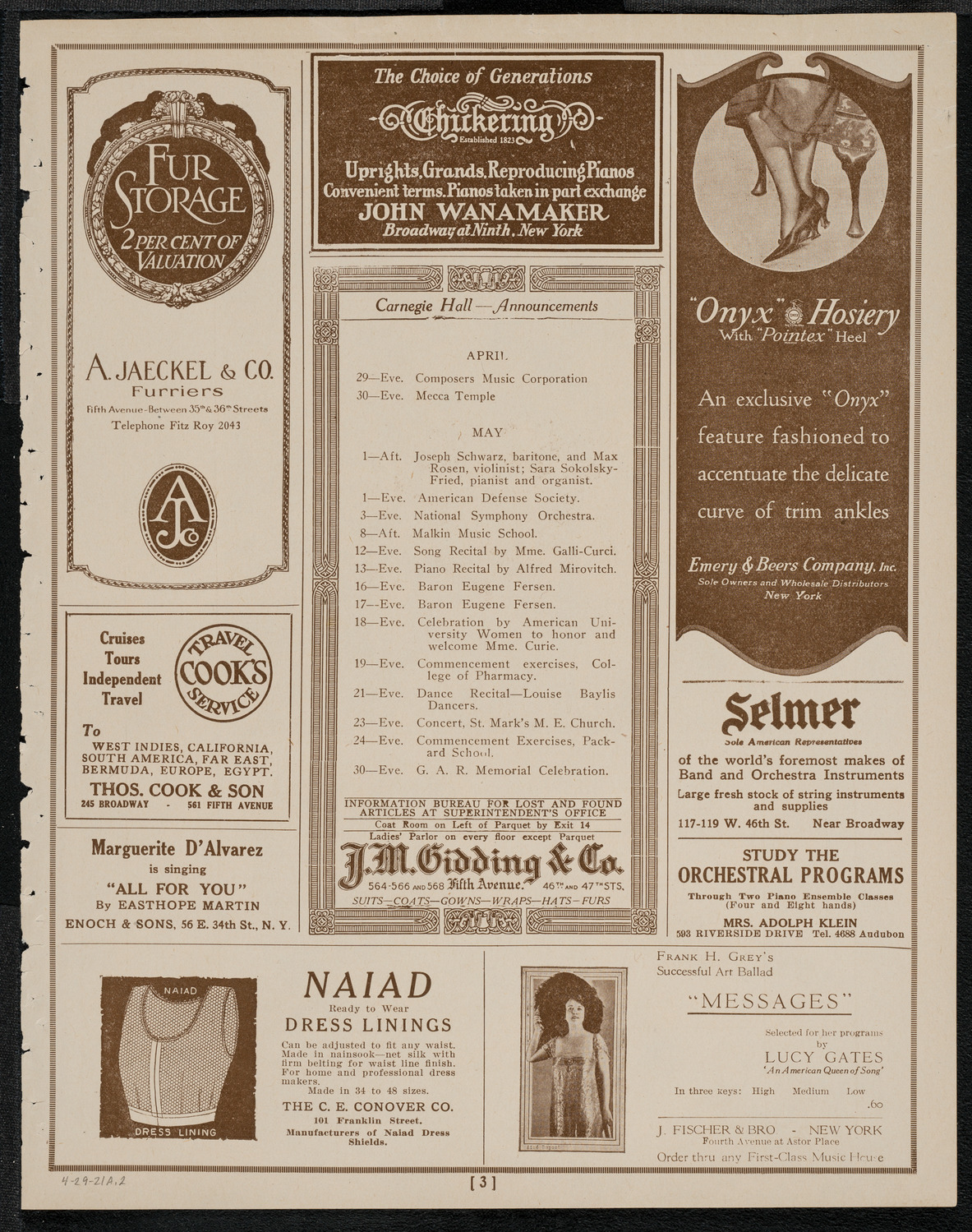 National Symphony Orchestra, April 29, 1921, program page 3