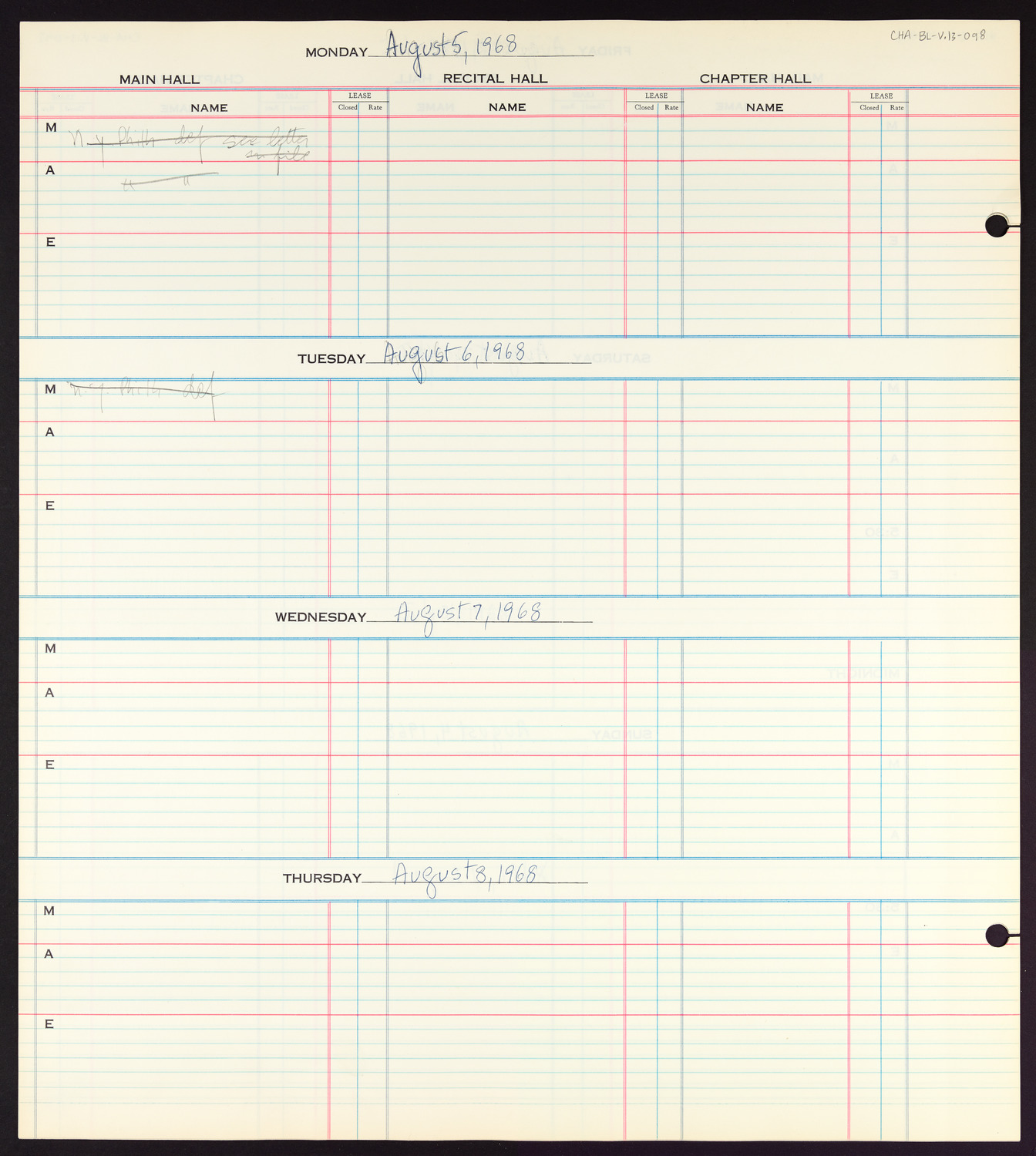 Carnegie Hall Booking Ledger, volume 13, page 98