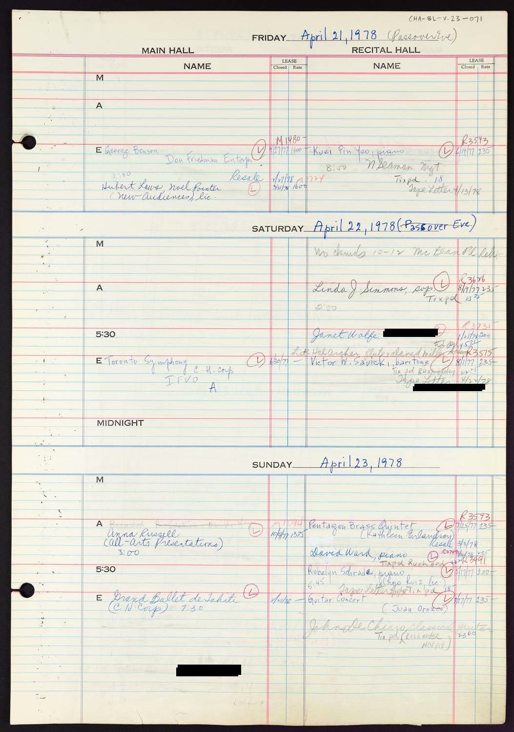 Carnegie Hall Booking Ledger, volume 23, page 71