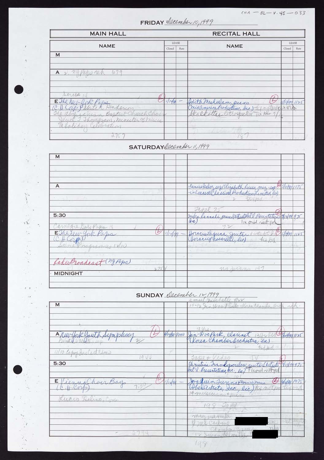 Carnegie Hall Booking Ledger, volume 45, page 33