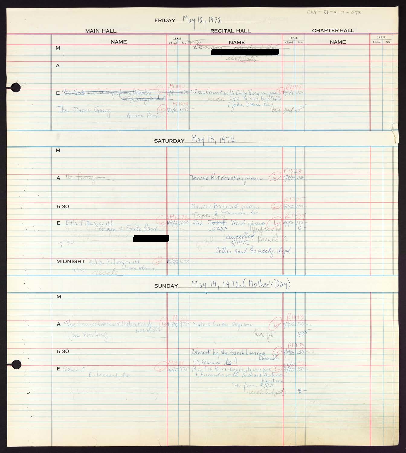 Carnegie Hall Booking Ledger, volume 17, page 75