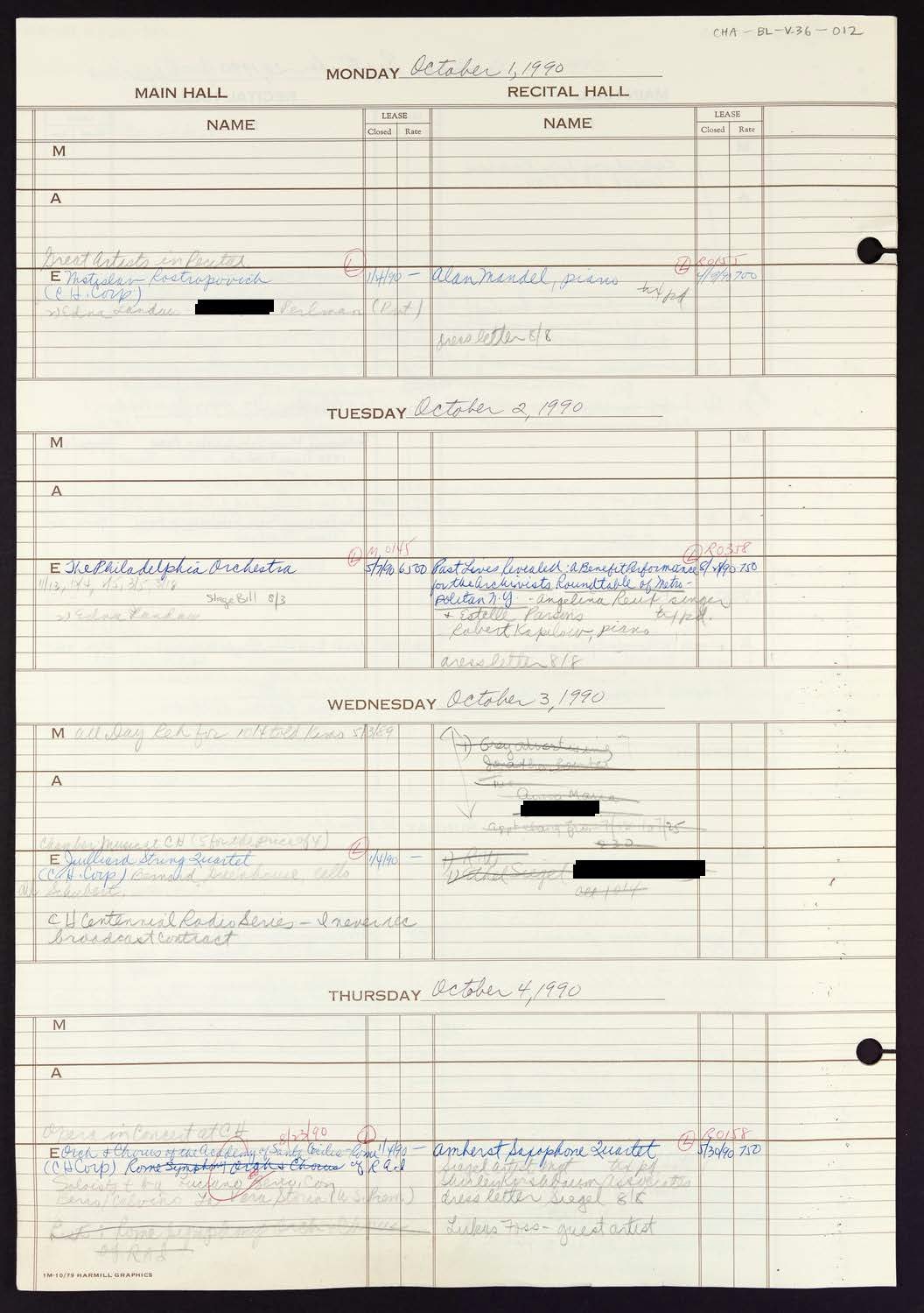 Carnegie Hall Booking Ledger, volume 36, page 12