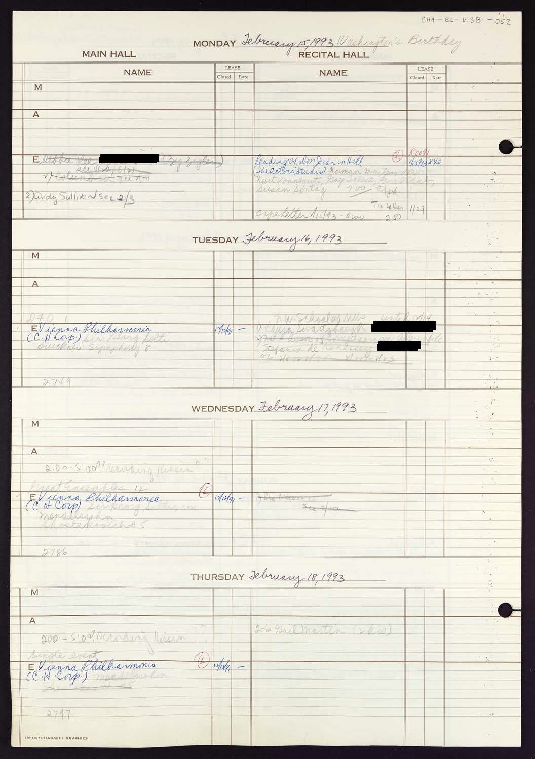 Carnegie Hall Booking Ledger, volume 38, page 52