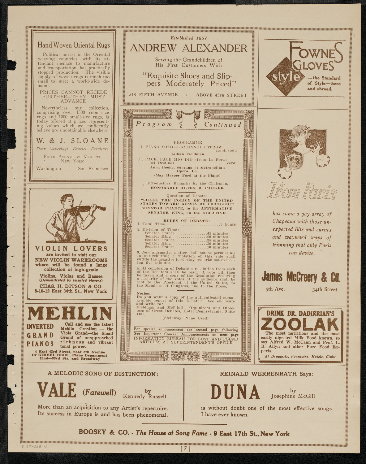 Debate: United States-Russian Policy, March 27, 1921, program page 7