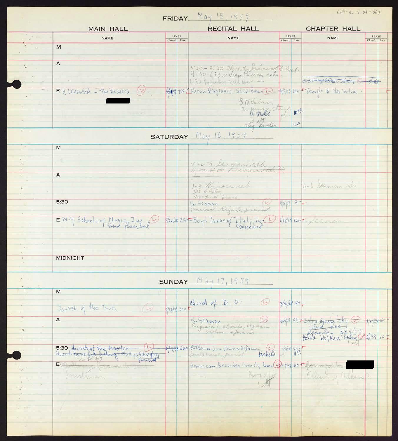 Carnegie Hall Booking Ledger, volume 4, page 67