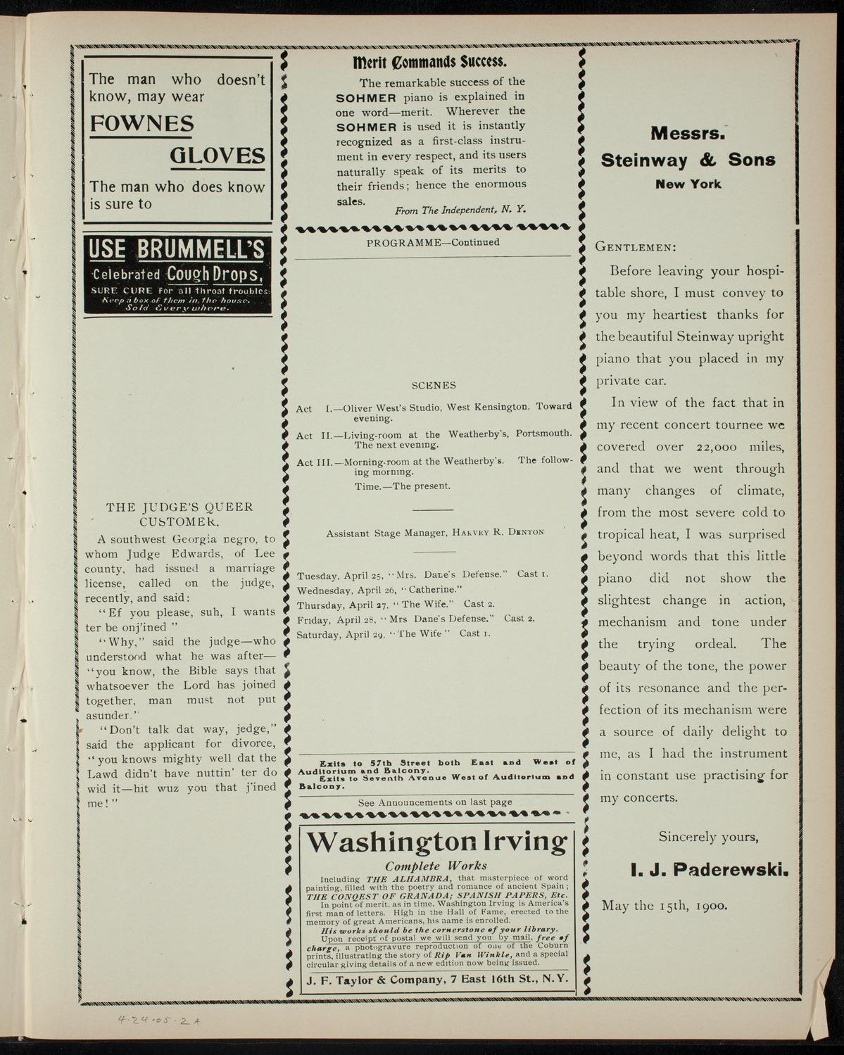 American Academy of Dramatic Arts Private Dress Rehearsal, April 24, 1905, program page 3