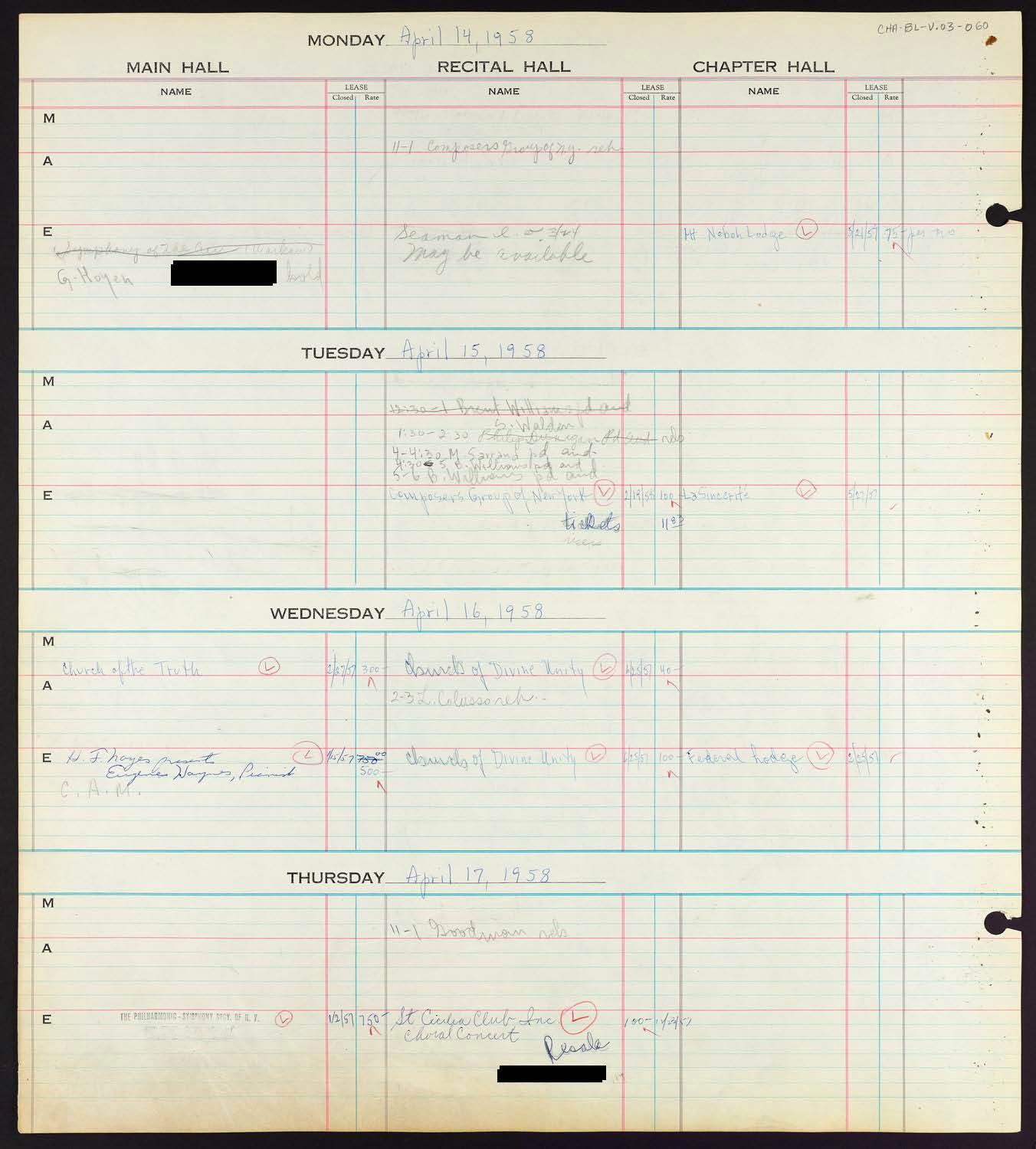 Carnegie Hall Booking Ledger, volume 3, page 60