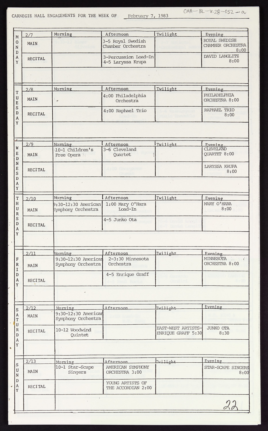 Carnegie Hall Booking Ledger, volume 28, page 52a