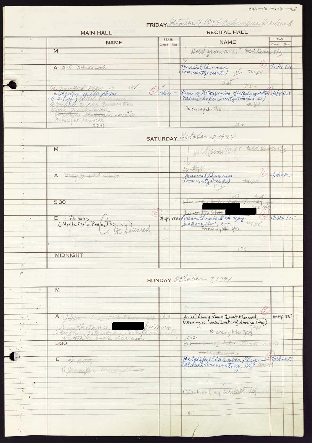 Carnegie Hall Booking Ledger, volume 40, page 15