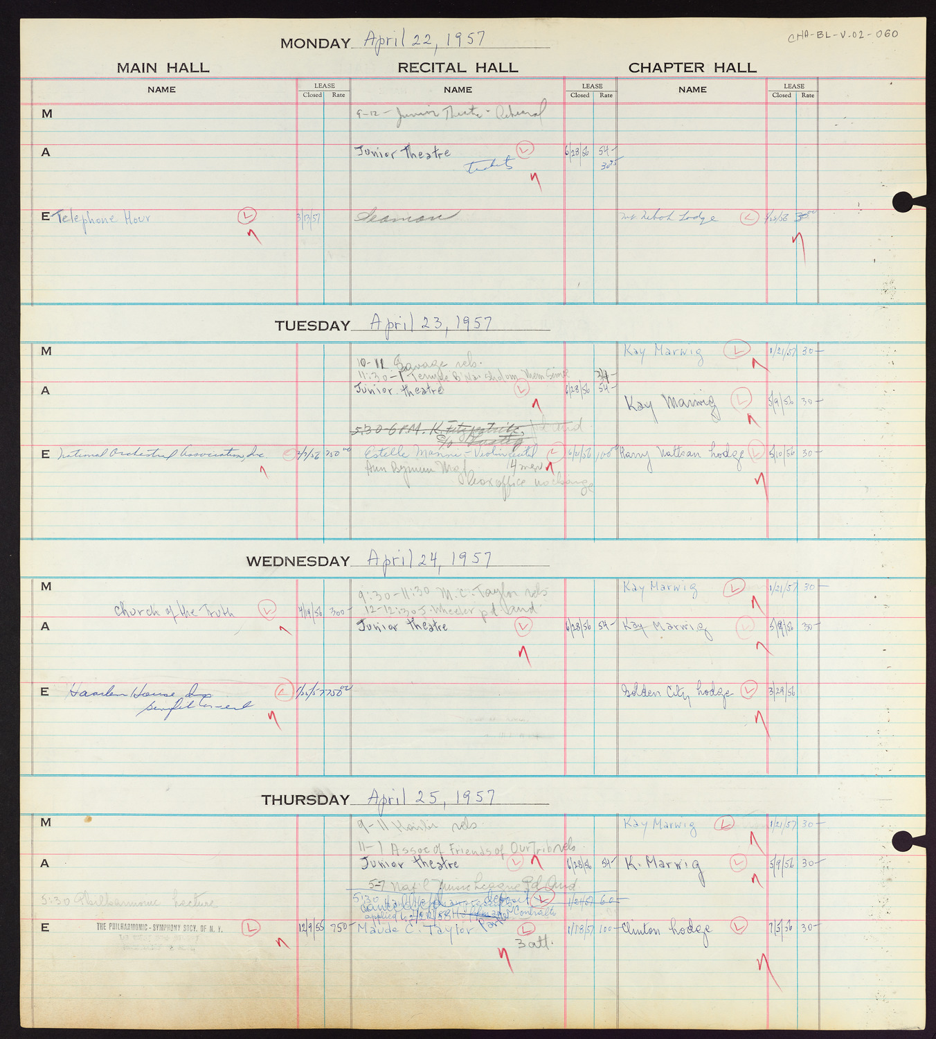 Carnegie Hall Booking Ledger, volume 2, page 60