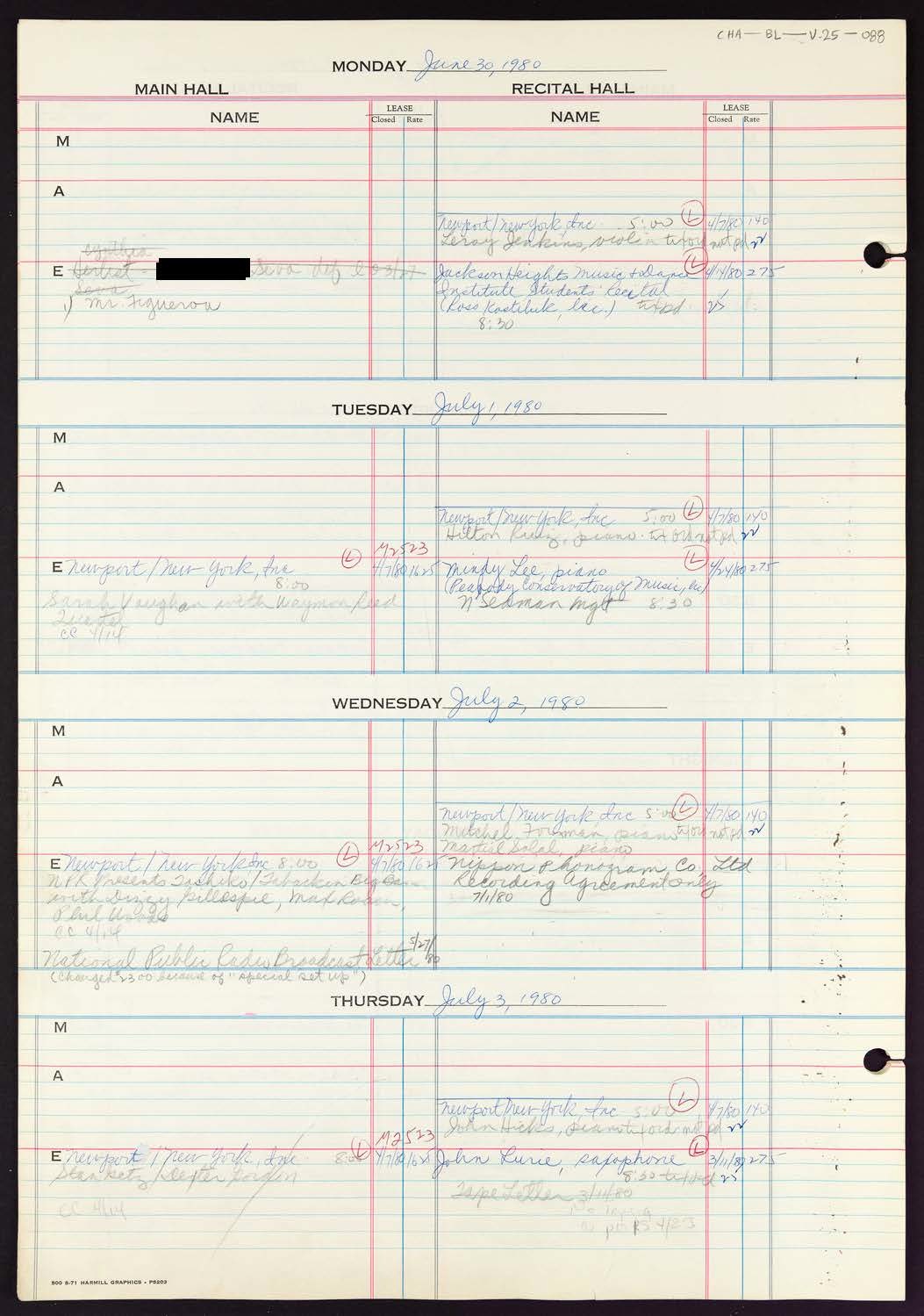 Carnegie Hall Booking Ledger, volume 25, page 88