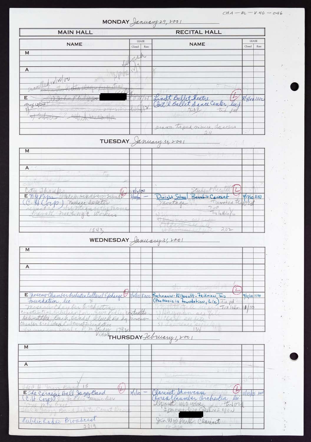 Carnegie Hall Booking Ledger, volume 46, page 46