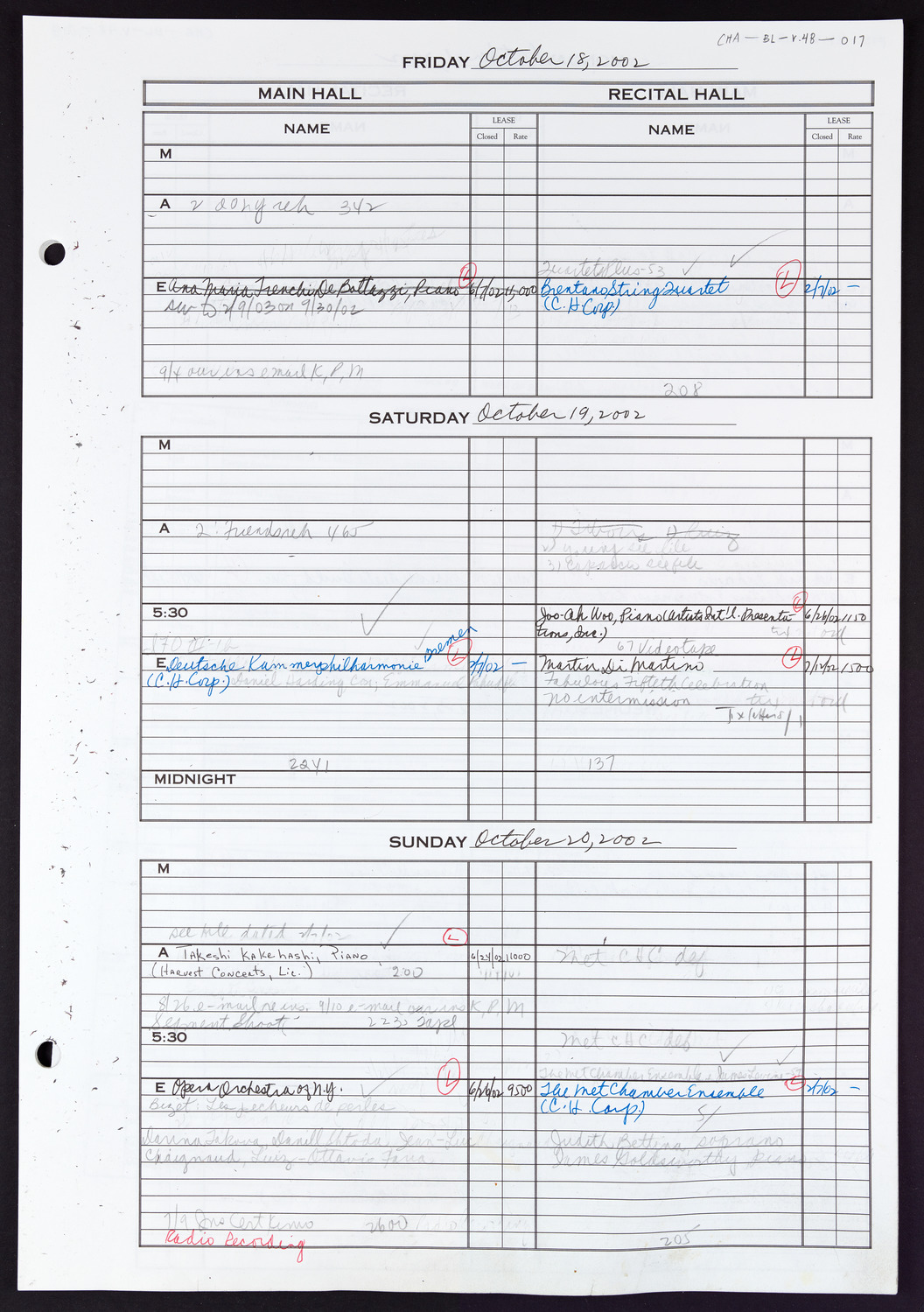 Carnegie Hall Booking Ledger, volume 48, page 17