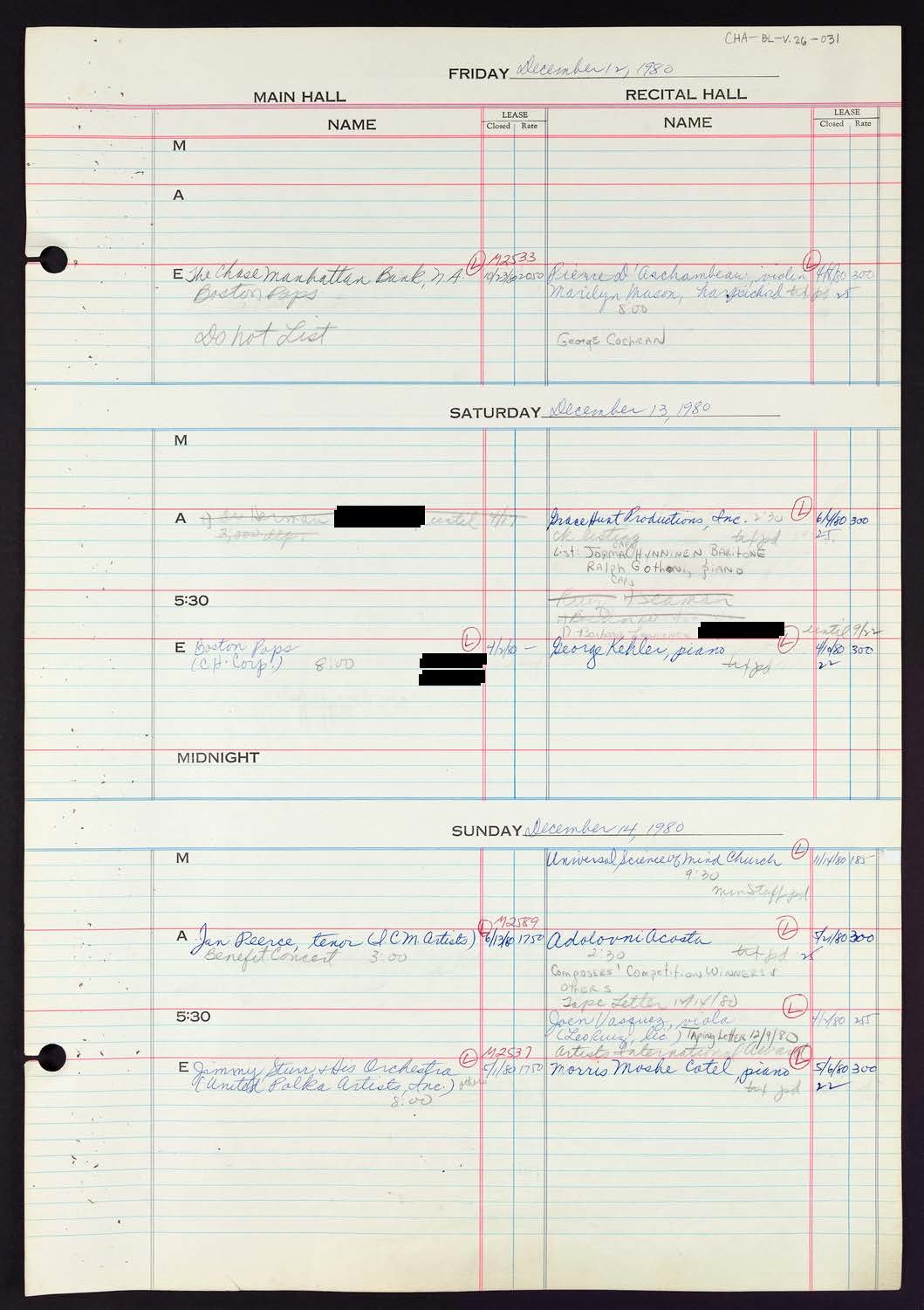 Carnegie Hall Booking Ledger, volume 26, page 31