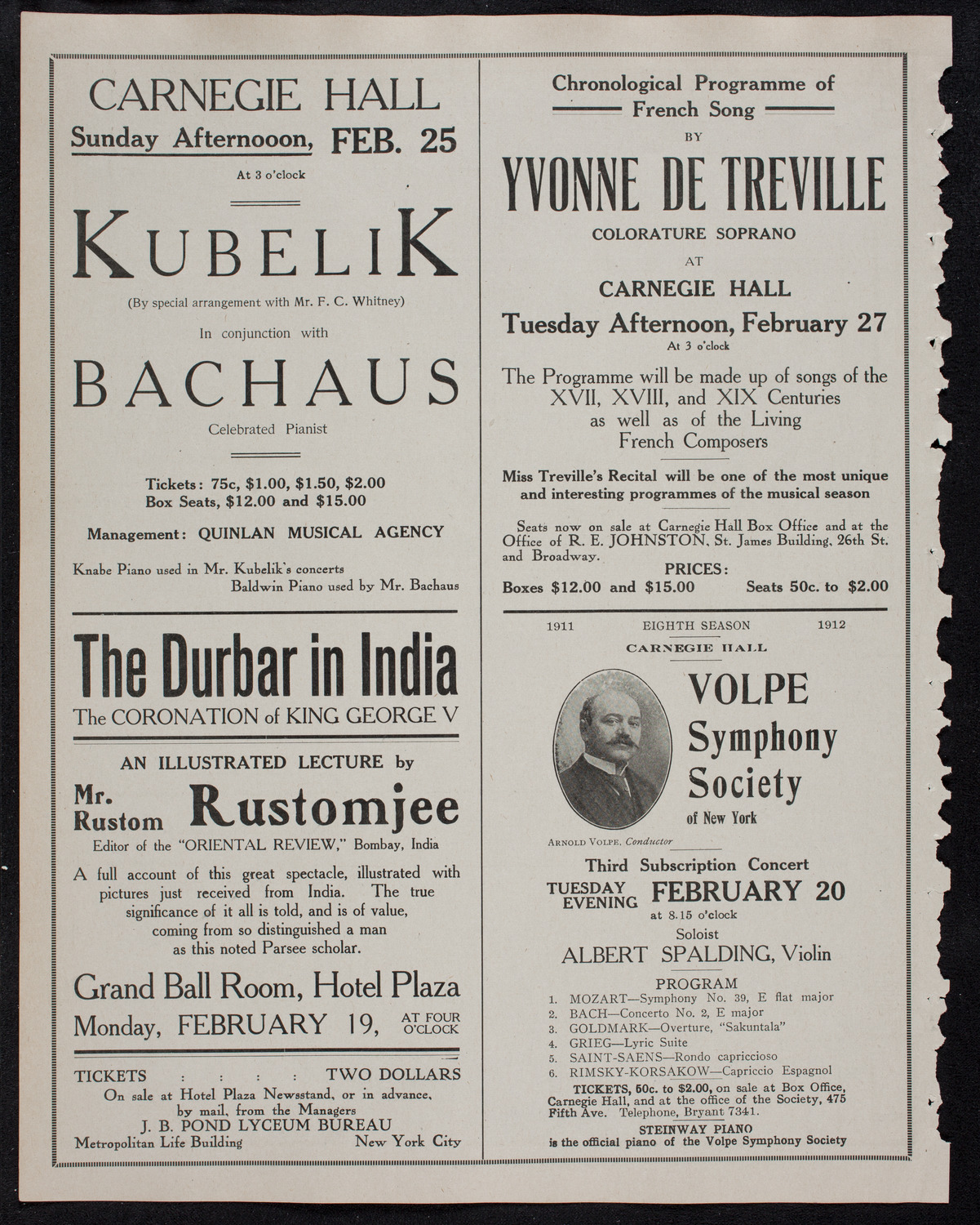 Efrem Zimbalist, Violin, February 17, 1912, program page 10