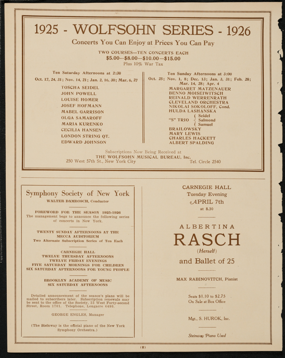 Jascha Heifetz, Violin, April 5, 1925, program page 8