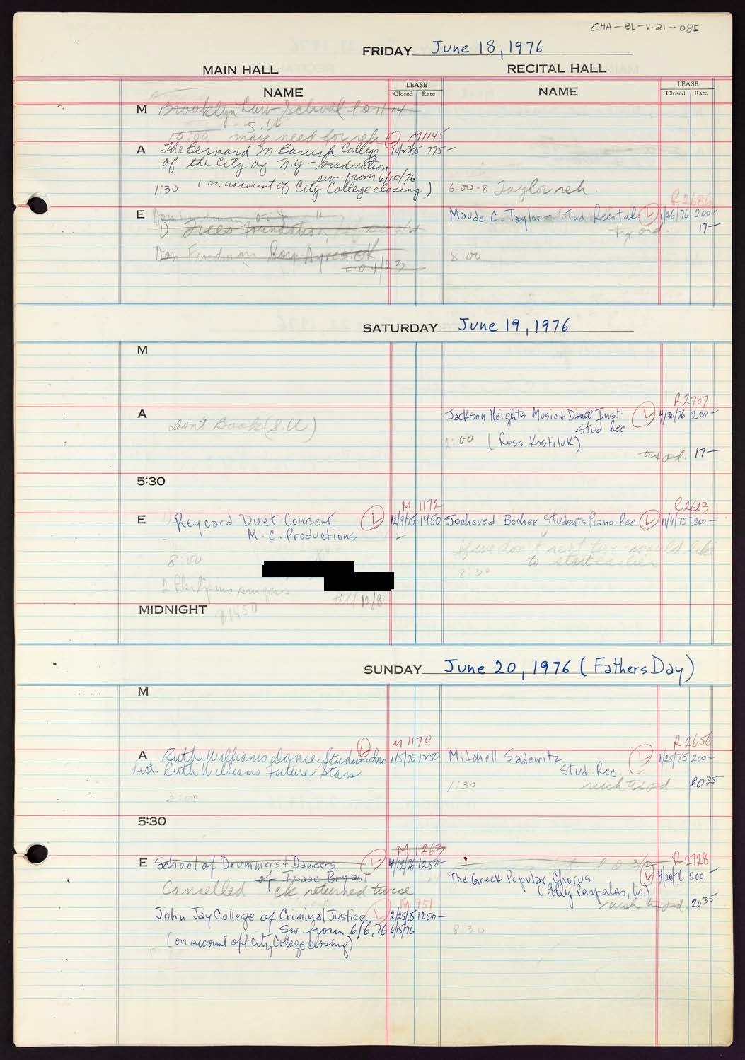 Carnegie Hall Booking Ledger, volume 21, page 85