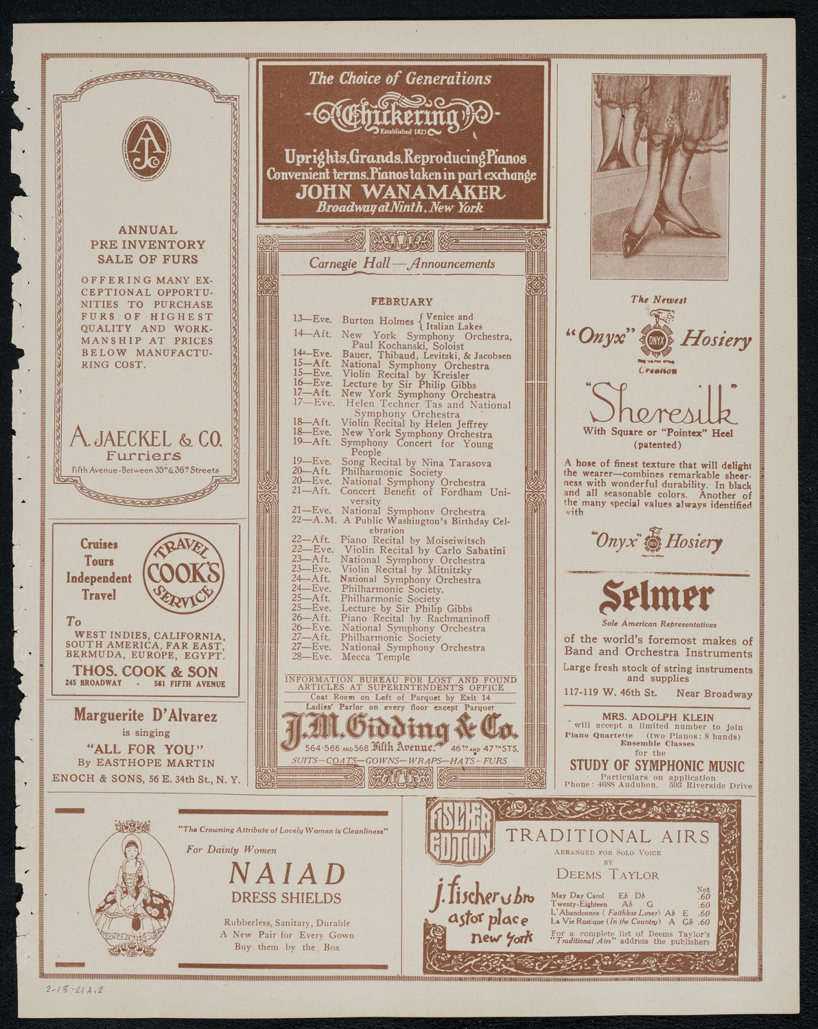 New York Philharmonic, February 13, 1921, program page 3