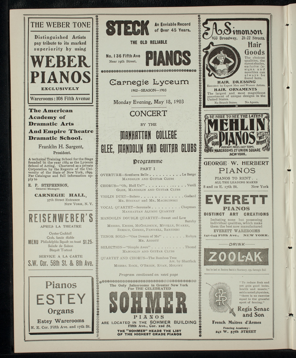 Manhattan College Glee, Mandolin and Guitar Clubs, May 18, 1903, program page 2